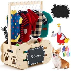 Wooden Dog Wardrobe Closet 20″x15″x9″ Pet Goose Outfit Toy Storage Basket Crate with Hanging Rod Bone Shape Organizer Closet for Dog Toy Clothes Accessories with 8 Hanger 10 Clip 1 Small Blackboard