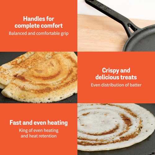 Image of Meyer Pre-Seasoned Cast Iron Flat Dosa /Roti /Chapati Tawa Pan with Stick Handle, Dosa Kallu, Iron Tawa Small Size, Gas and Induction Compatible | 24cm, Black