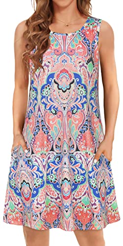 elescat Vestidos de playa para mujer, estilo bohemio, sin mangas, casual, con bolsillos, vestidos de fiesta de primavera (estampado bohemio rosa, XL), Estampado Boho Rosa, XL