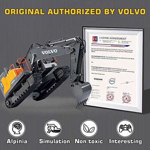 Image of Double E Volvo 1:16 Scale Remote Control Excavator, 17 Channel 3-in-1 Construction Toy with Metal Shovel, Drill, Grab & Lights, 2.4GHz Full Function Digger for Outdoor Sandbox, Gift for Kids & Adults
