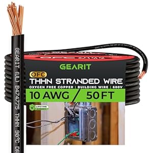GearIT Stranded THHN Wire (10 Gauge, 50 Feet) 100% OFC Electrical Building Wire, Rated for Up to 600 Volts, Single Conductor, Nylon Jacket, UL Listed/RoHs Compliant - Black, 50ft