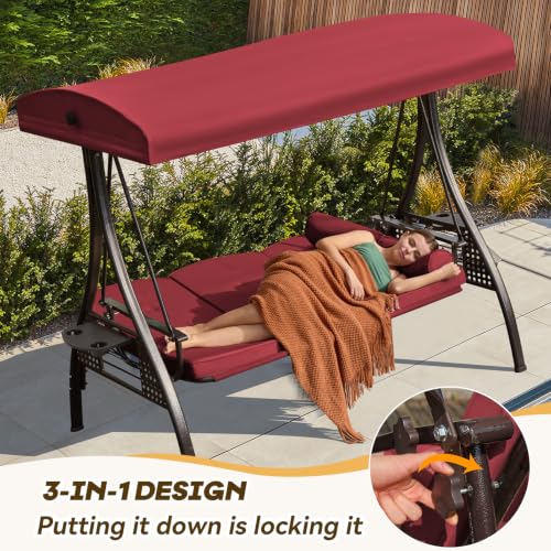 Image of 3 in 1 Outdoor Porch Swing with Adjustable Canopy, 3 Seat Outdoor Swing for Adults, Patio Swing Chair with Thickened Cushions,Pillows & Cup Holders for Backyard, Porch, Garden (Wine Red)