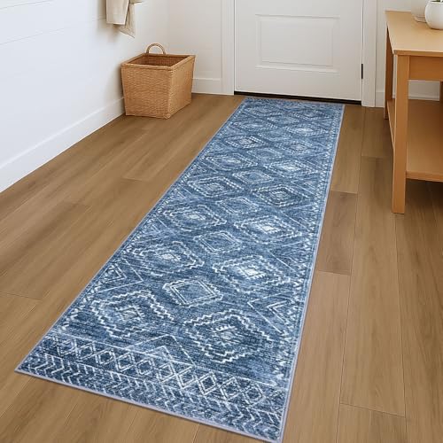 KILOCOCO Hallway Runner Rug 2x7 Runners for Hallways Washable Runner Rug Non Slip Rubber Backed Low-Pile Runners for Bedroom Kitchen Living Room Laundry Room Boho Rugs, Stonewashed Blue