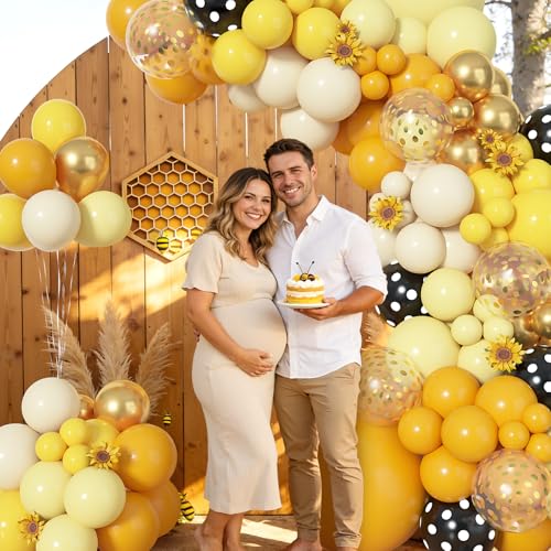 Image of Amandir 153pcs Bee Balloon Arch Garland Kit Different Sizes | 18 12 10 5 inch Mustard Pastel Yellow Gold Confetti Balloons for What Will It Bee Sunflower Honey Birthday Party Decorations