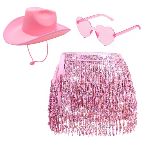 vitegaw Sequin Skirt with Cowgirl Hat for Women - Sparkly Glitter Belly Dancing Skirt, Tassel Skirt with Sunglasses, Rave Party Costume, Space Cowgirl Outfit(Pink)