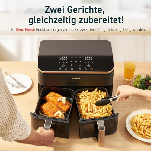 COSORI Heißluftfritteuse 2 Kammern, Testsieger der Stiftung Warentest, 6-in-1 Dual Zone Airfryer 8,5 L, Doppelkammer mit Sichtfenster für vollständige Mahlzeit, Gold – Bild 5