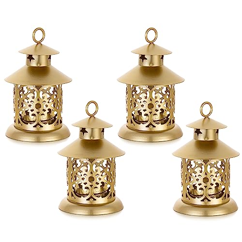 Gold Tealight Candle Holders Decorative Lantern – Romadedi 4pcs Vintage Mini Hanging Lantern for Tea Light Candle Decor Wedding Centrepiece Coffee Dining Table Shelf Outdoor Christmas