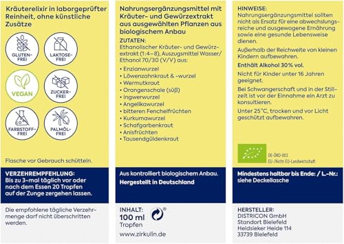 Zirkulin Bitter-Elixir – Bio Bittertropfen 100ml - Bitterstoffe aus 11 erlesenen Kräutern 4-8:1 Extrakt – Hildegard von Bingen – vegan, zuckerfrei – Reichweite 3600 Tropfen