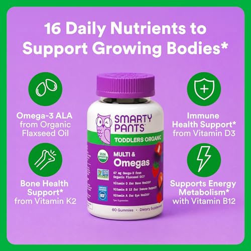 Image of SmartyPants Toddler Organic Multi & Omegas Multivitamin Gummies with Omega 3 ALA, Vitamins D3, C, B12, B6, A, K, Zinc, Biotin, Clean Label, Mixed Berry and Cherry Flavors, 60 Gummies (30 Day Supply)
