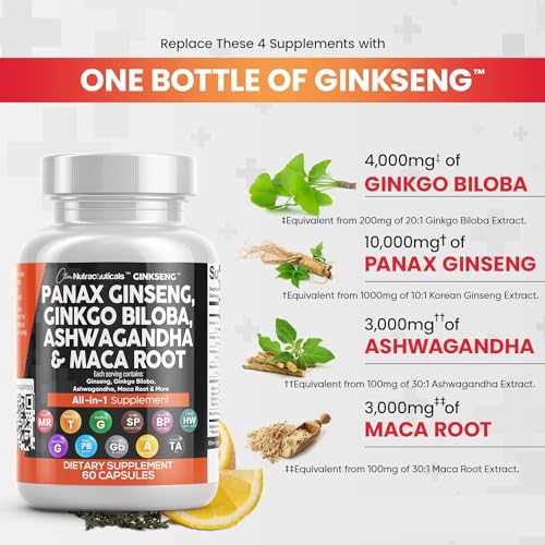 Clean Nutraceuticals CLN-GINKSENG-01-1PACK Panax Ginseng 10000Mg Ginkgo Biloba 4000Mg Ashwagandha Maca Root 3000Mg - Focus Supplement Pills thumb #2