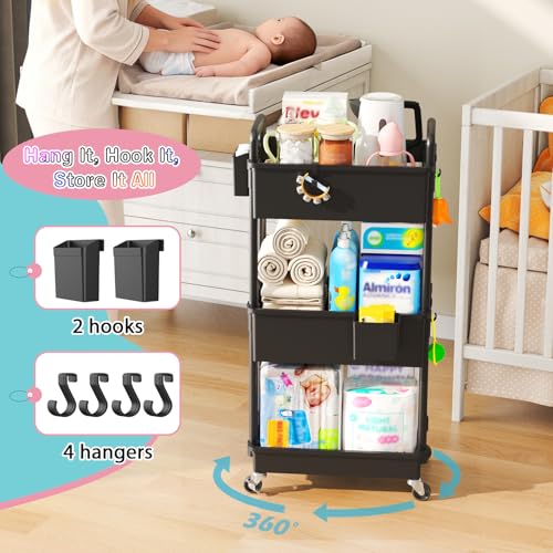 Image of SUNALLY Baby Diaper Caddy Cart, 3 Tier Rolling Diaper Cart with Lockable Wheels for Nursery Essentials, Large Capacity & Easy Assemble Diaper Storage Organizer for Newborn,New Mom, Black
