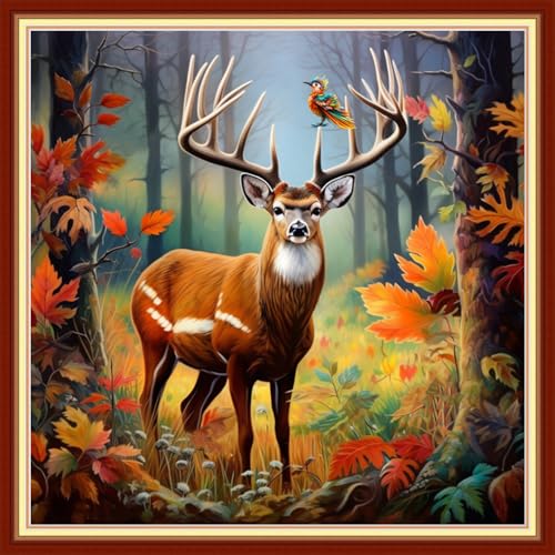 Image of Magxvouy Cross Stitch Kits Stamped Full Range of Embroidery Kits,Cross Stitch Patterns Needlework Kits for Beginners 11CT Printed Kits&Forest Deer 18x18 inch