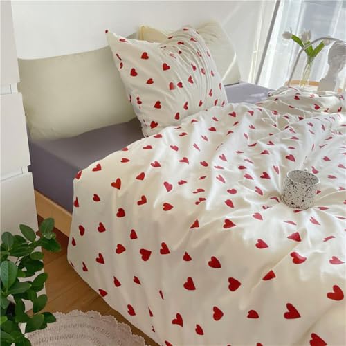 Michorinee Housse de Couette Cœur 140x200 Rouge avec Taie d'oreiller 65x65 cm - Parure de Lit Rouge et Blanche en Microfibre - Linge de Lit 1 Personne Adulte avec Fermeture Éclair