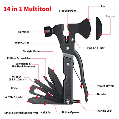 Multitool Camping Accessories - 14 in 1 Survival Gear and Equipment with Knife Axe Hammer Saw Screwdrivers Pliers Bottle Opener Durable Sheath - Cool Gadget Stocking Stuffers Gifts for Men Women - Thumbnail 2