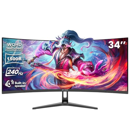 Image of CRUA 34 inch WQHD 240Hz Ultrawide Curved Gaming Monitor, 1500R, FreeSync, Black | 3440x1440 VA Screen With 120%sRGB, Built-In Speakers, HDMI 2.1 /DP 1.4 and 75x75mm Wall Mount For Gaming, Streaming and Work