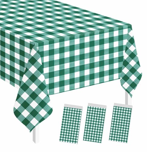 Image of SietDESEO 3 Pack Green Gingham Tablecloth Rectangle 54 x 108 Green and White Checkered Table Cloth Disposable Plaid Table Cover Plastic for Birthday Baby Shower Picnic Wedding Party Supplies