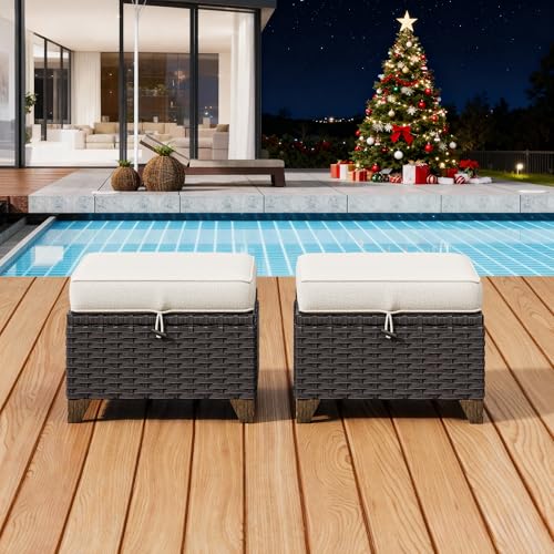 Image of 2 Pieces Patio Outdoor Ottomans with Removable and Washable Covers,PE Rattan Wicker Footstools for Porch, Garden, Sunroom (Beige) | Patio Ottoman Set with Olefin Removable Cushion, All-Weather Ottoman with Deep Seat for Porch, Deck and Backyard, Beige