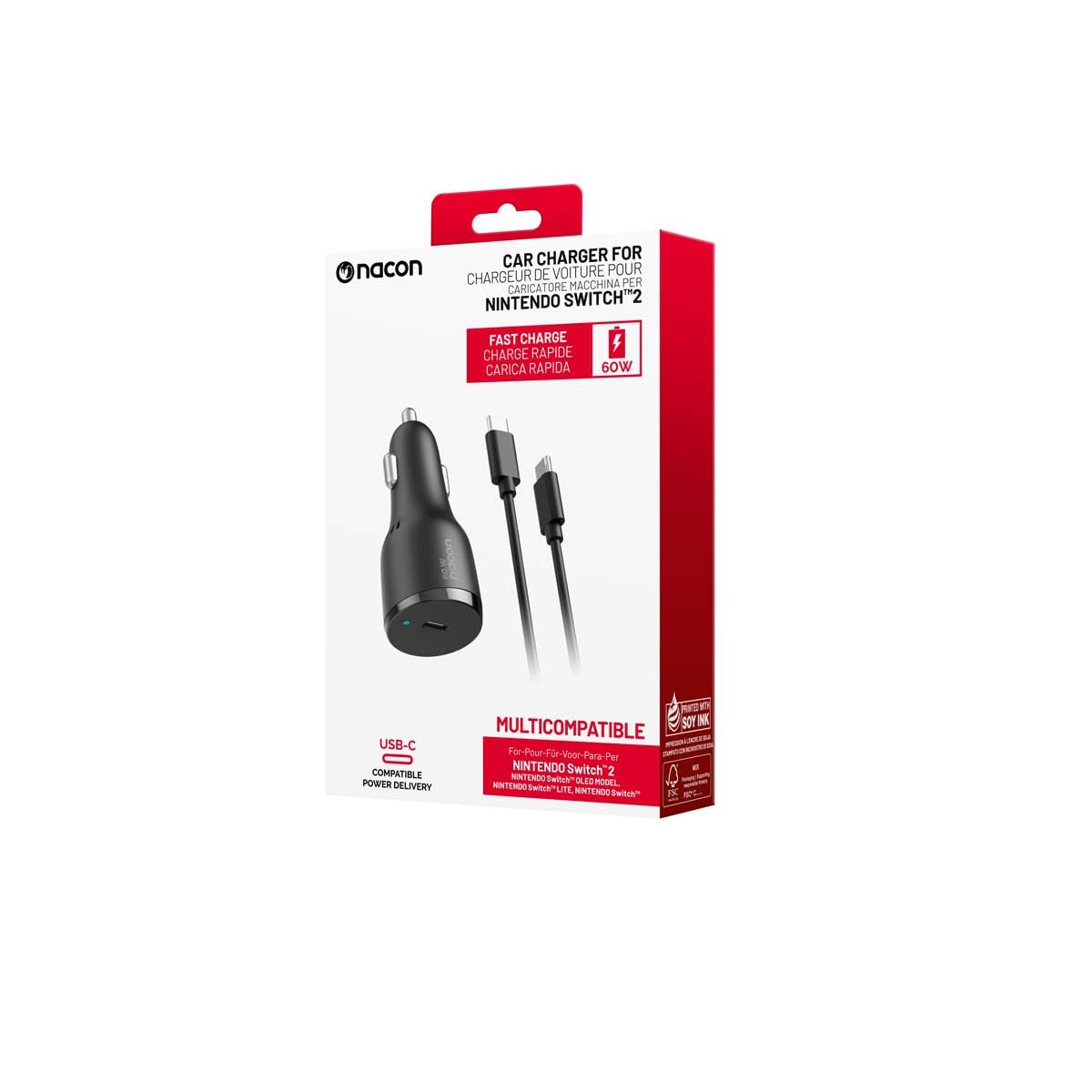 NACON Chargeur Voiture Rapide 60W + Cable 1.5 m pour Nintendo Switch, Adaptateur Allume Cigare Power Delivery USB-C Compatible Switch 2, Lite, Smartphone, Tablette et PC Portable - SWITCHNEWCARLIGHT60