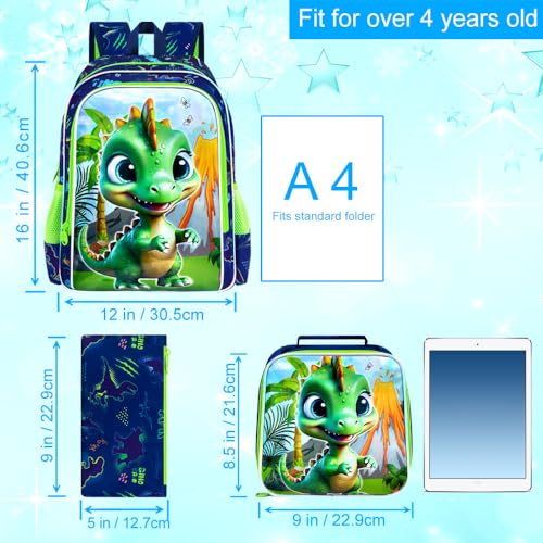 Image of HPJGD 3PCS Dinosaur Backpack for Boys, Water Resistant Kids Bookbag Set with Lunch Box, Cool School Bag for Preschool Toddler - Volcano Dinosaur