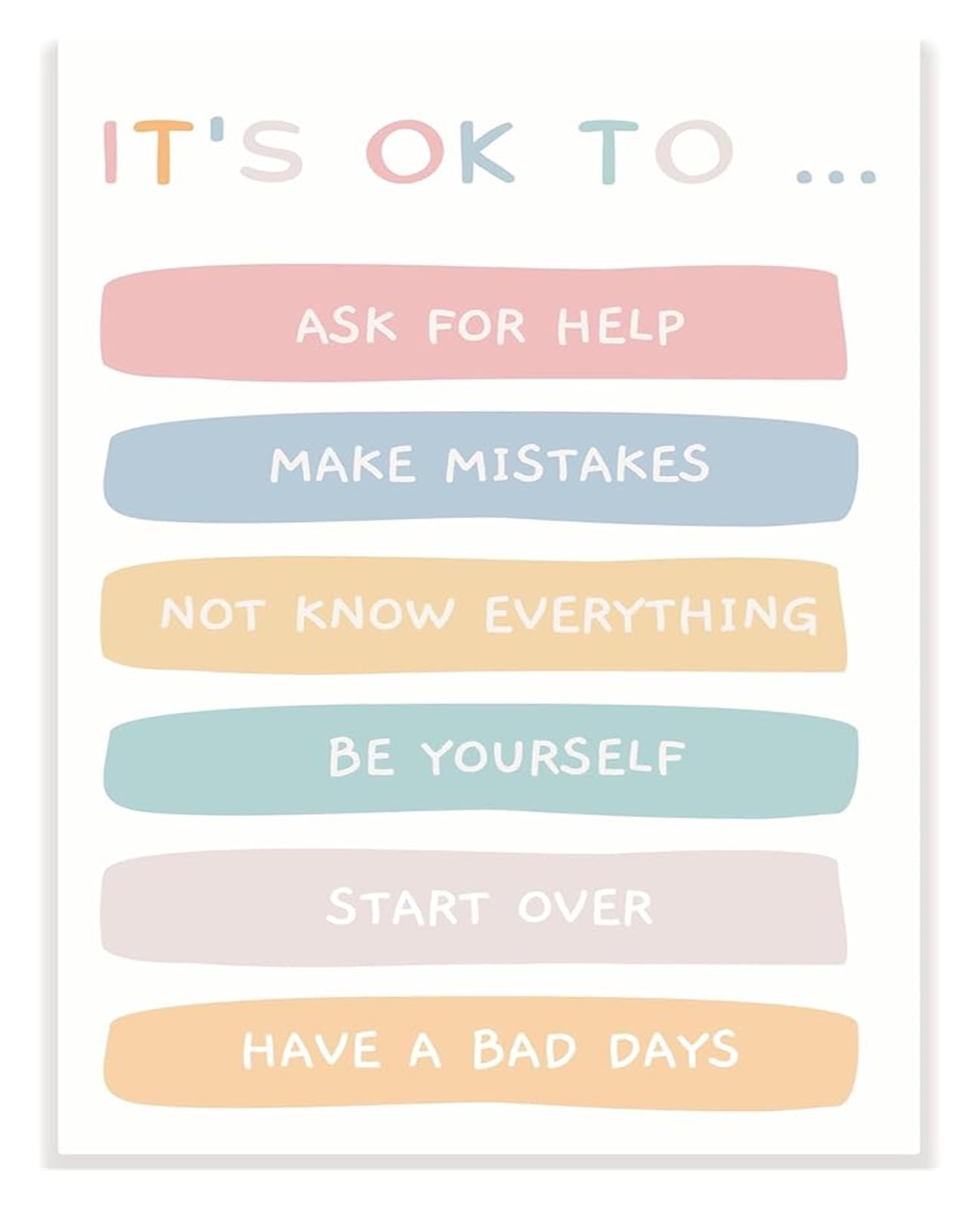 IDGTTLDF Back To School Mental Health Poster Its OK To Ask For Help Make Mistakes Self Acceptance School Counselor Classroom Decor Unframed,12x18inch(30x45cm)