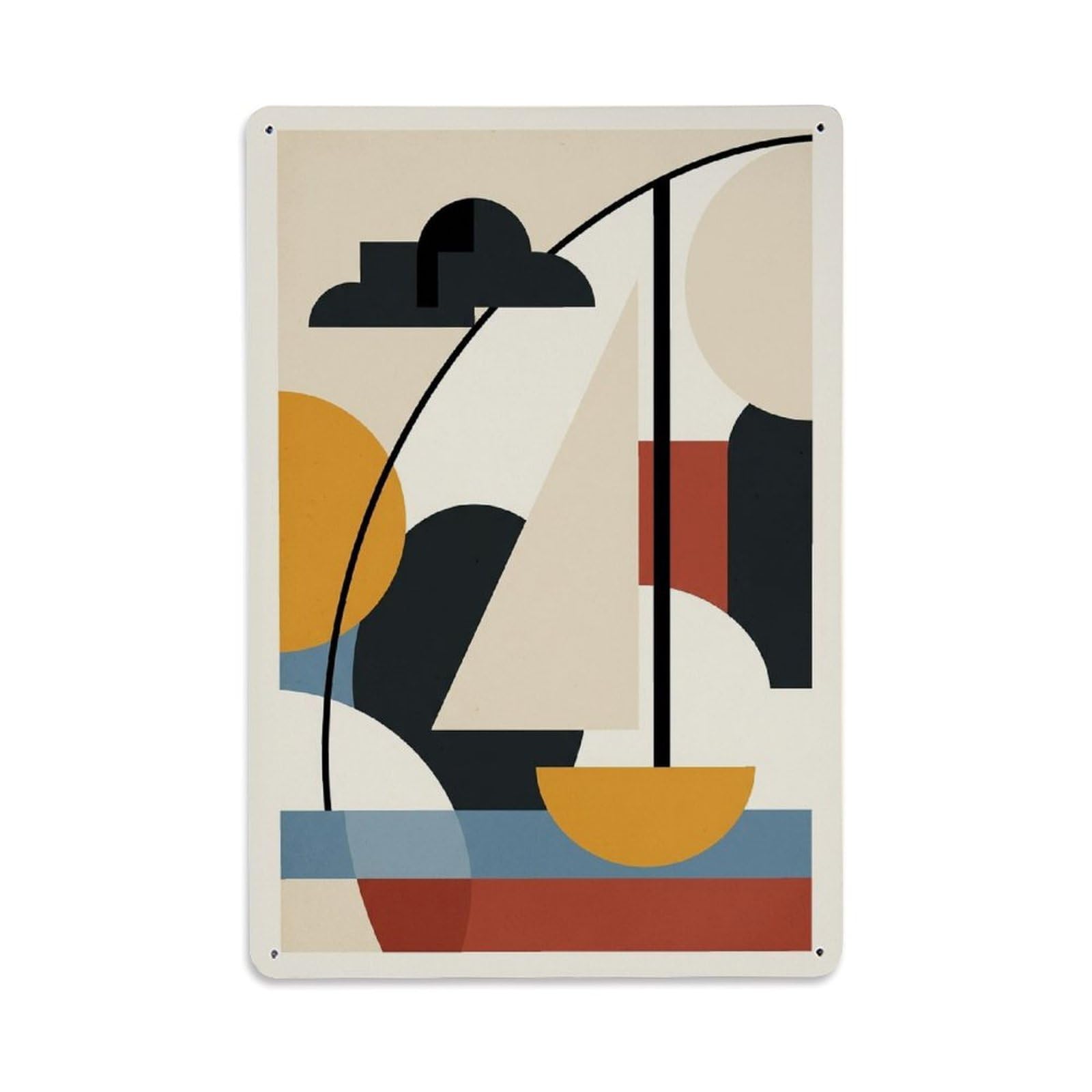 Retro Nautical Blocks Seaside Sailboat Coastal View Metal Tin Sign Plaque Wall Decor for Cafe, Man Cave, Club Bar, Office, Home Garden Round Metal Poster 8x12Inch