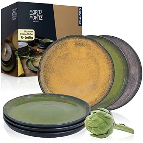 Moritz & Moritz VIDA 6er Dessert Teller Set in den Vintagetönen Rot, Gelb und Grün - Kuchenteller für 6 Personen - Porzellan spülmaschinen- und mikrowellengeeignet Cover