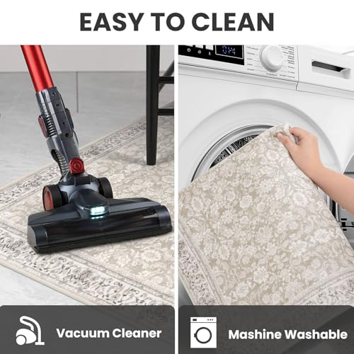 2x6 Grey Begie Washable Runner Rug for Hallways, Soft Neutral Vintage Kitchen Rugs with Non-Slip, Non-Shedding Distressed Floral Rug for Bedroom Kitchen Porch Laundry Entryway