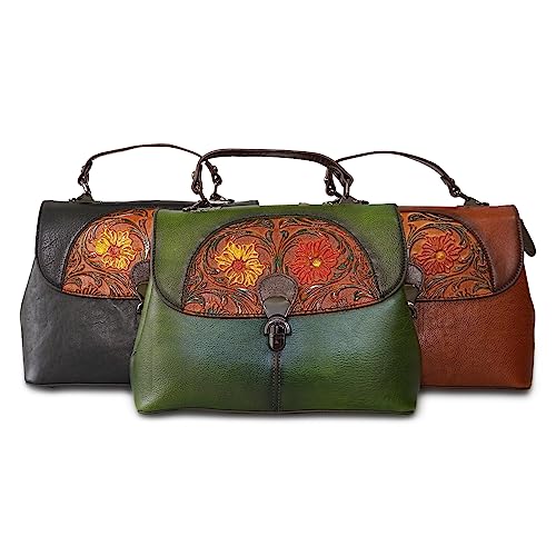 Image of Genuine Leather Satchel for Women Top Handle Bags Handmade Purse Vintage Embossed Leather Crossbody Handbags Hobo Bag
