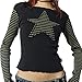 Women Vintage Star Pattern Stripes Patchwork T Shirts Long Sleeve Crew Neck Top Casual Y2K 90s Streetwear (Black, M)