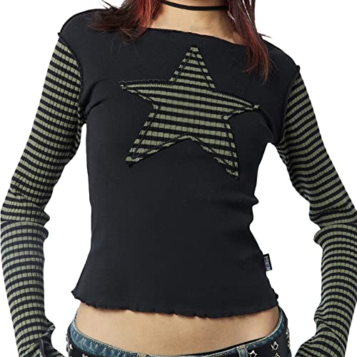 Women Vintage Star Pattern Stripes Patchwork T Shirts Long Sleeve Crew Neck Crop Top Casual Y2K 90s Streetwear2