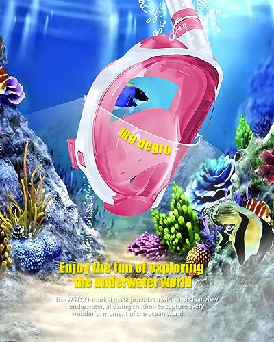 Máscara de snorkel facial completa para niños WSTOO, con vista panorámica de 180 grados, antivaho y a prueba de fugas, con tubo respirador y snorkel seco miniatura 5