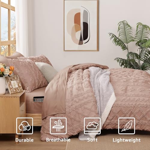Image of Twin XL Comforter Set- 5 Pieces Tufted Bed in a Bag Twin Bedding Sets | All Season Shabby Chic Boho Bedding with Comforter, Sheets & Pillowcases, Rusty Pink