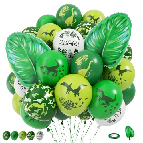 Dinosaur Balloons 12 Inch Dino Printed Balloons with Palm Leaves Confetti Balloons for Birthday Party Jungle Dinosaur Safari Themed Decoration Supplies