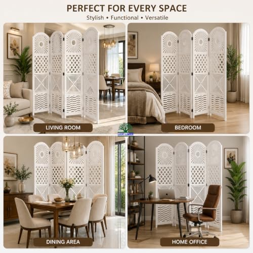 Image of Wooden Room Divider Partition for Living Room | Foldable 4 Panel Decorative Privacy Screen Separator for Home, Office & Bedroom | Modern (Snow White)