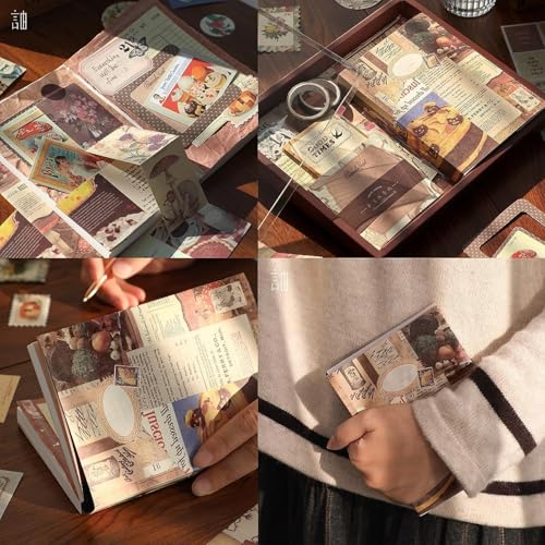 Image of VOTDOT (346Pcs) Paper Junk Journal & Scrapbook Kit, Scrapbooking Supplies Kit with Creative Decor Journaling Supplies, Stationery, Stickers, A6 Grid Notebook with Graph Ruled Page Gift for Girl (Brown Scrapbook)