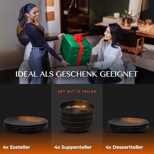 Mikawi 12-teiliges Geschirr-Set aus Steinzeug – Prairie Linie-edles Design im braun/schwarz Farbton, Service bestehend aus 4 Speisetellern, 4 Desserttellern und 4 tiefen Tellern/Premium Kollektion