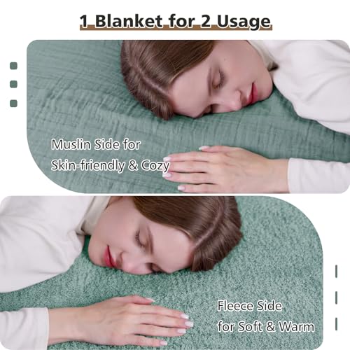 EMME Muslin and Fleece Throw Blanket Reversible - 50"*60" Teal Soft Warm Throw Blankets for Couch Bed Picnic Travel Bed
