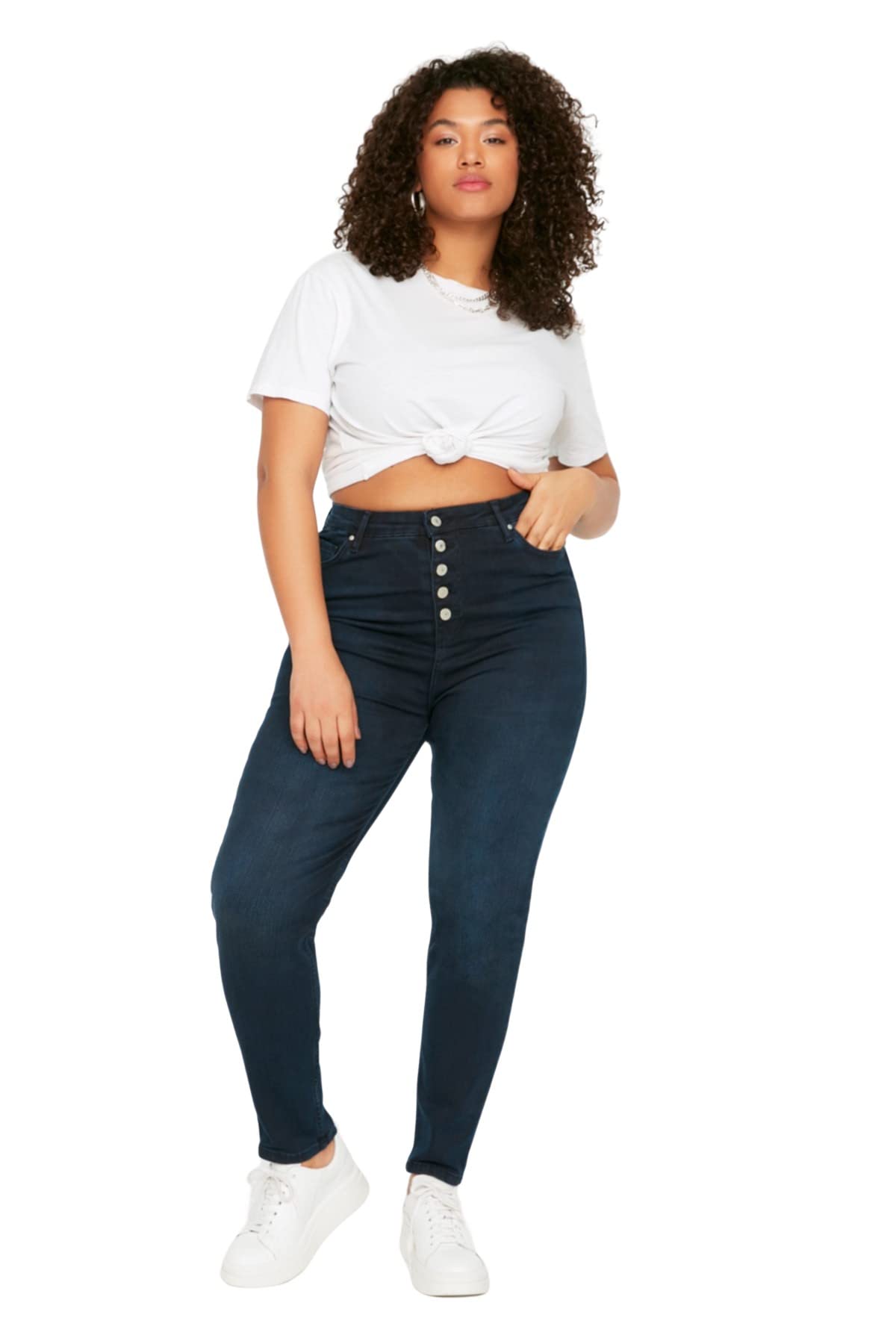 TRENDYOL Damen Plus Size High Waist Plus Size Jeans, Navy Blue, 50 Große Größen EU