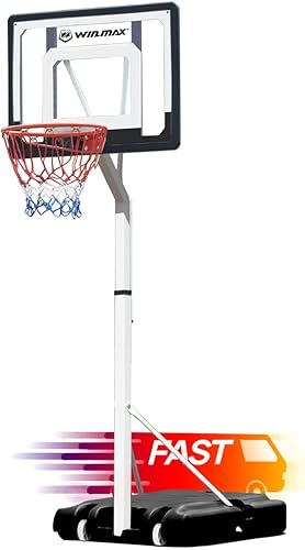 WIN.MAX Aro de baloncesto ajustable de 4.7 pies a 10 pies con tablero de PVC de 32 pulgadas, sistema portátil, soporte de acero inoxidable para