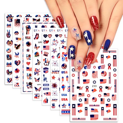 4th of July Nail Stickers - Patriotic Nail Decals Nail Art，3D Self-Adhesive Nail Art Manicure Holiday Nail Stickers for Women (8 Sheets)