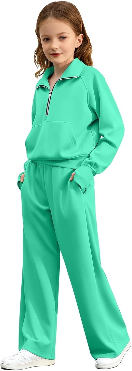 Half Zip Stand Collar Sweatshirt, Drawstring Wide Leg Pants, 2 Piece Matching Outfit Set, Outfit For Girls Daily School