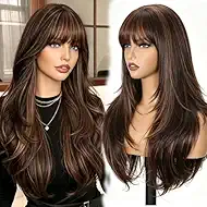 Long Wavy Wig 4x4 Realistic Scalp,Free Parting 26 Inch Mix Brown Highlights Layered Wig with Bangs for Women Synthetic Heat Resistant for Daily Party Use