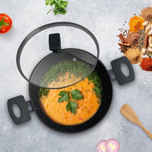 SOALRA 24cm/2.4LNon Stick Kadai, Induction Kadai, Granite Stone Kadhai With Glass Lid, Deep Frying Pan, Kadai With Lid For Rs. 974 @ 61 %