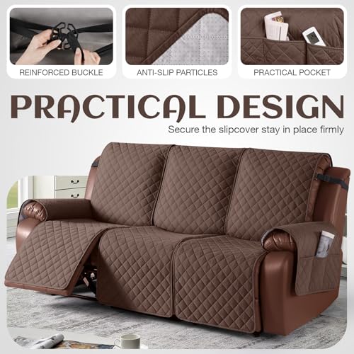 Image of KinCam Waterproof Recliner Sofa Cover, Non-Slip Reclining Couch Covers for 3 Seat, Recliner Couch Cover Furniture Protector with Elastic Straps for Pets, Kids, Deep Brown