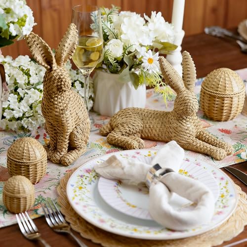 Gleemoria Easter Decorations for Home – 5 Pieces Rattan Effect Bunny & Egg Set, Easter Bunny Figurines with Rattan Decor Style for Easter Table Decor & Spring Home Decorations