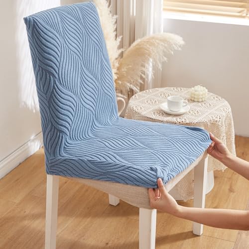 Image of HOMETHREADS Elastic Jacquard Chair Cover - Stretchable, Removable & Washable Short Dining Chair Slipcover | Durable Seat Protector for Kitchen, Dining Room & Banquet Chairs (Blue, Pack of 8)