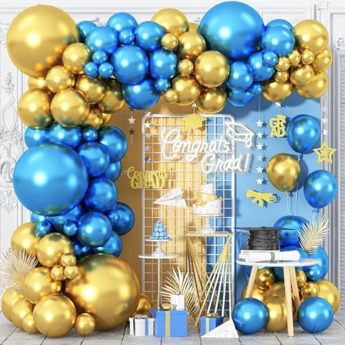 Image of ARV ZONE Chrome Balloons, 50pcs Blue Gold Chrome Metallic Balloons for Birthday Decorations, Anniversary, Engagement, Wedding Decorations, Baby Shower, Festival Party Decorations