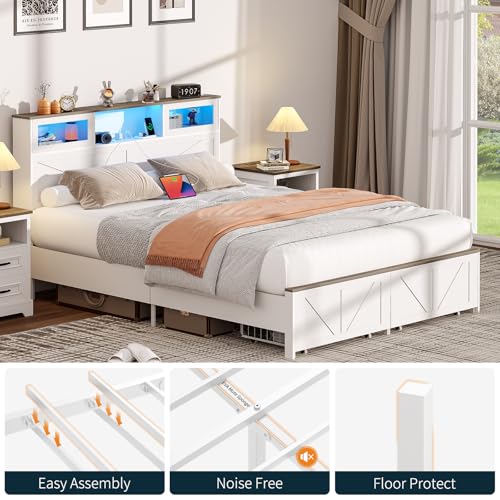 Image of Yoobure Farmhouse Queen Bed Frame with Headboard - Bed Frame Queen Size with Charging Station & LED Lights, Wood Bedframe Queen-Size with 2 Storage Drawer, Platform Beds, No Box Spring Needed, White