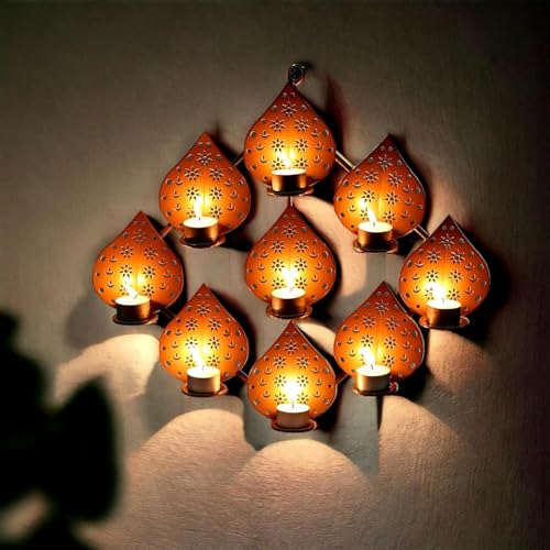 Image of METSY Stylish Metal Cutting Edge Candle Light Holder Leaf in Rectangular Shape | Metal Art | Home Decor Items (Golden Triangular) (Golden Square)