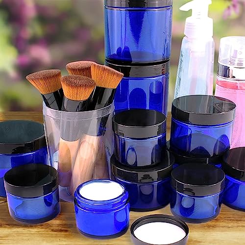 Cornucopia Brands Combination 12 Pack of Cobalt Blue 1oz & 2oz Glass Cosmetic Jars, Lids Included; Refillable Containers for Creams, Lotions2